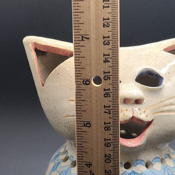 Studio Art Pottery Whimsical Smiling Cat Blue Collar Candle Holder Luminary - Picture 6 of 7